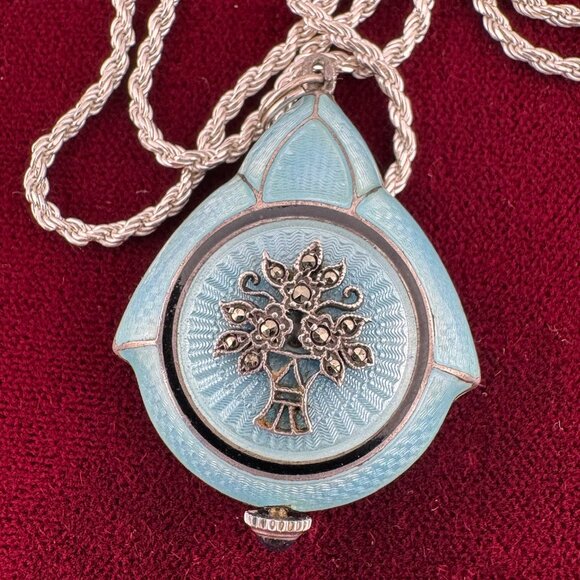 Stunning1920's Swiss Made 925 Silver Guilloche Powder Blue Watch Maracsite Motif - Picture 8 of 10